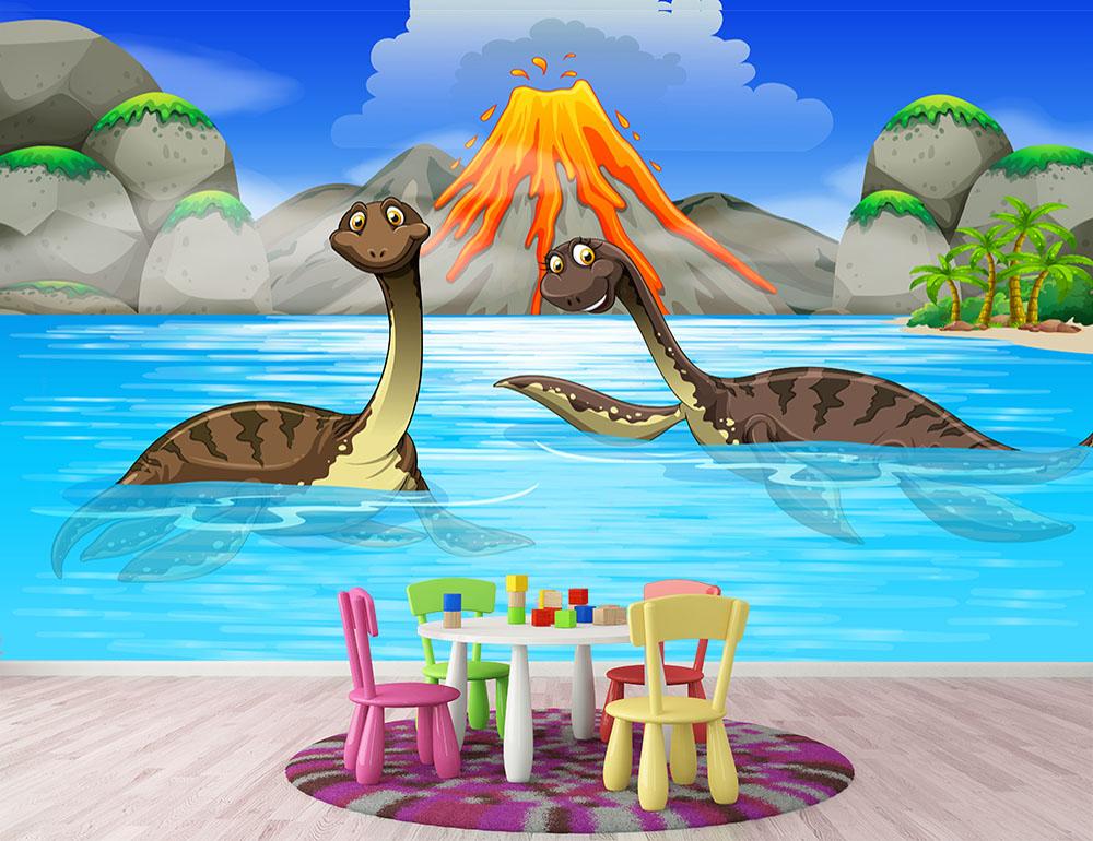 Dinosaurs swimming in the lake Wall Mural Wallpaper - Canvas Art Rocks - 2