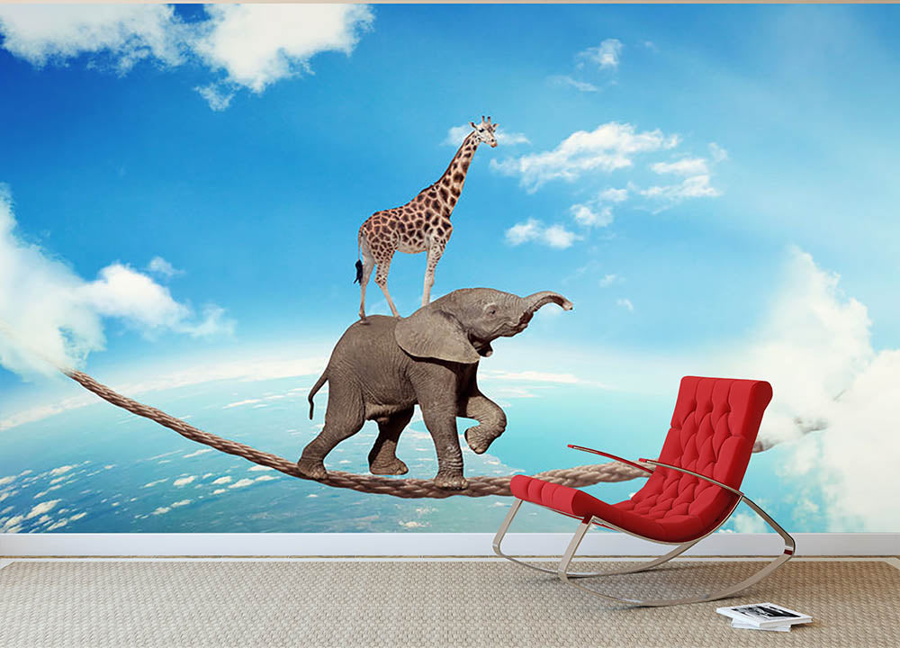 Elephant with giraffe walking on dangerous rope high in sky Wall Mural Wallpaper - Canvas Art Rocks - 2