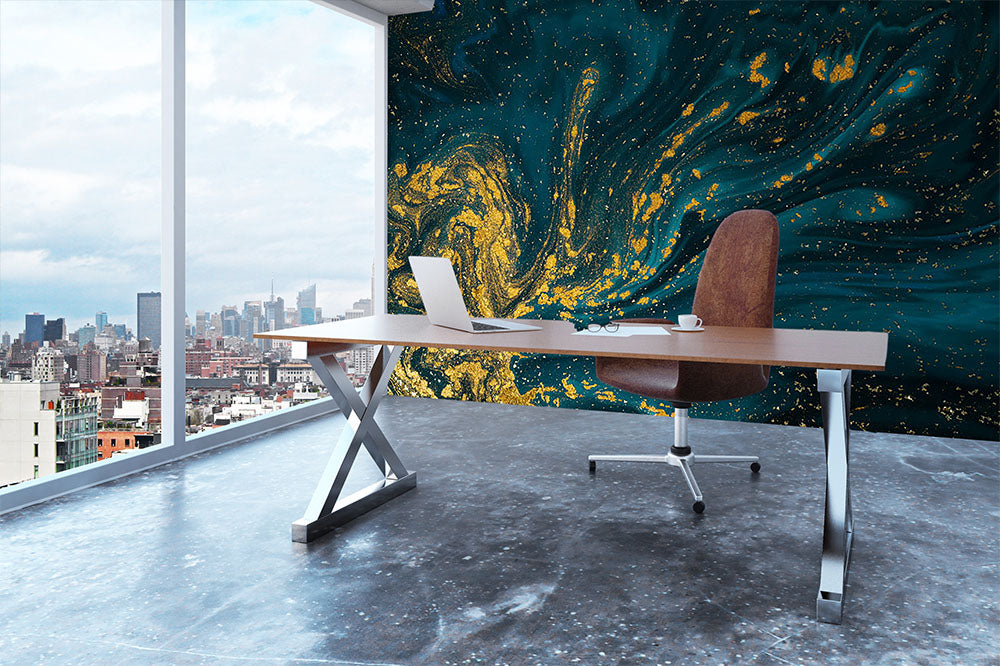 Emerald and Gold Swirled Marble Wall Mural Wallpaper - Canvas Art Rocks - 3