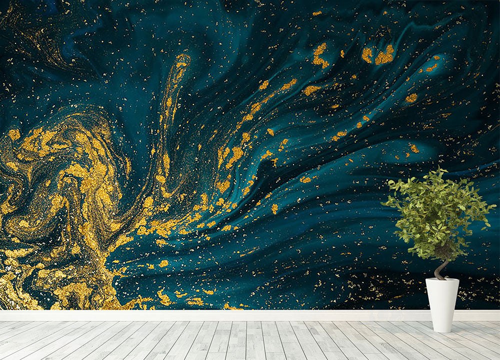 Emerald and Gold Swirled Marble Wall Mural Wallpaper - Canvas Art Rocks - 4
