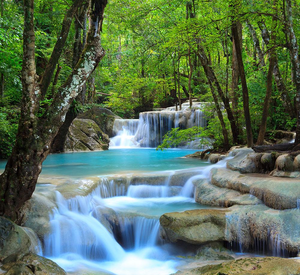 Erawan Waterfall Wall Mural Wallpaper - Canvas Art Rocks - 1