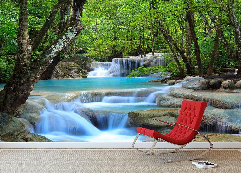 Erawan Waterfall Wall Mural Wallpaper - Canvas Art Rocks - 2