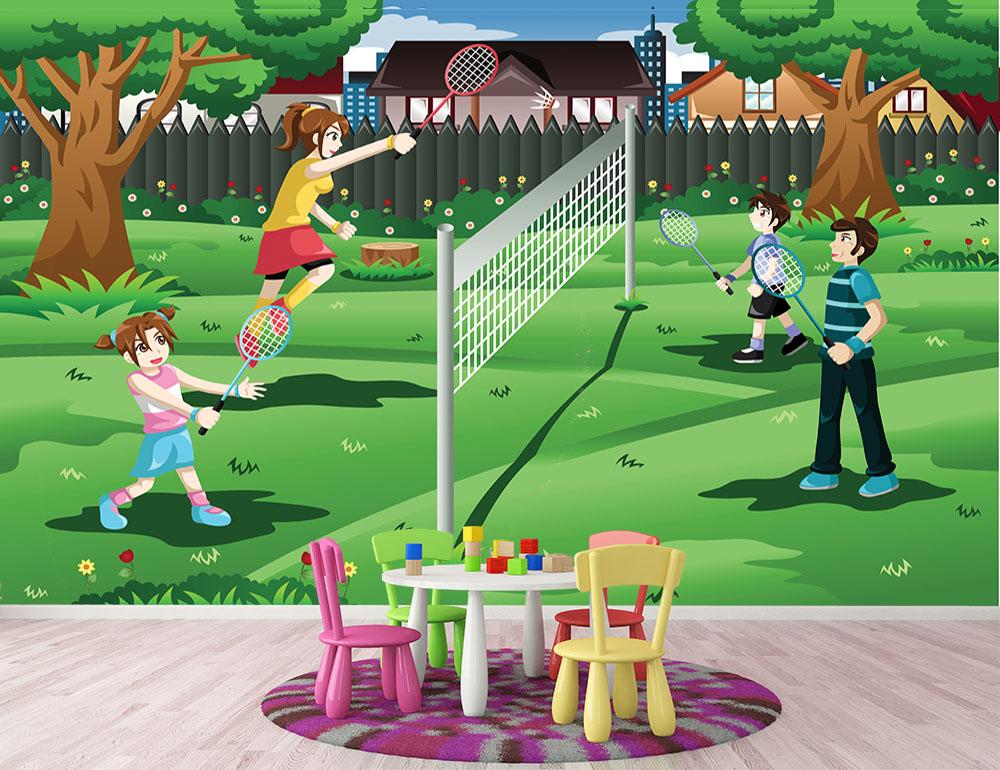 Family playing badminton in the backyard Wall Mural Wallpaper - Canvas Art Rocks - 2