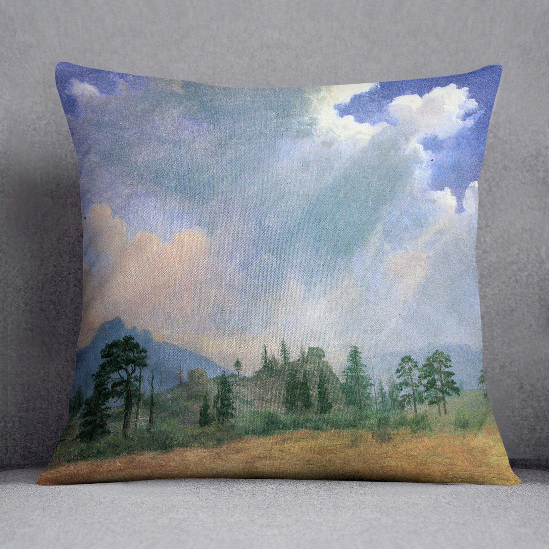 Fir trees and storm clouds by Bierstadt Cushion - Canvas Art Rocks - 1