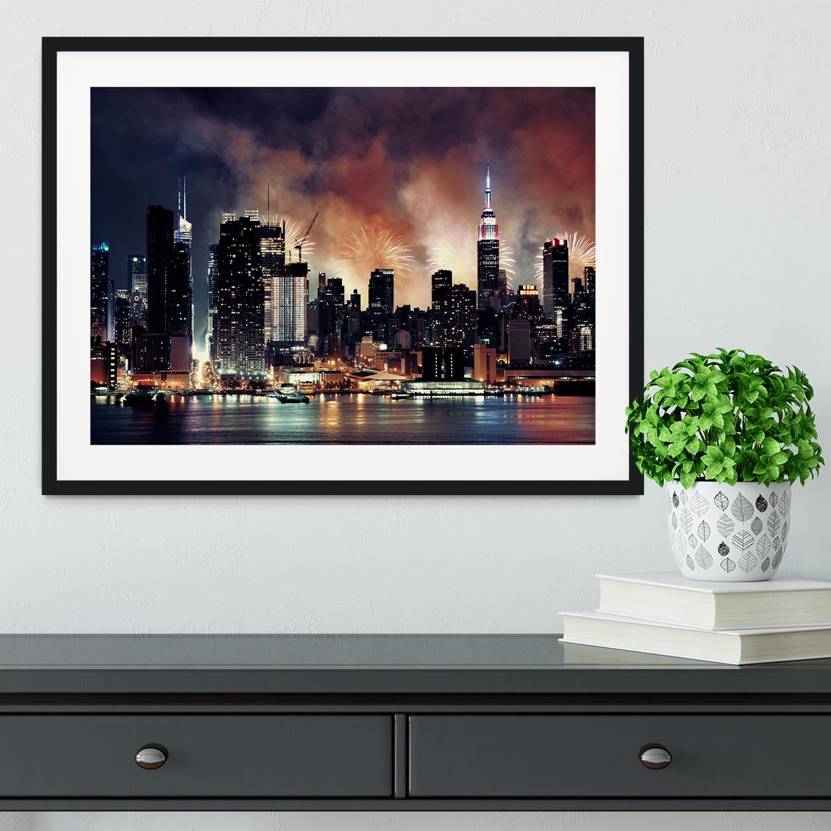 Fireworks show with Manhattan skyscrapers Framed Print - Canvas Art Rocks - 1