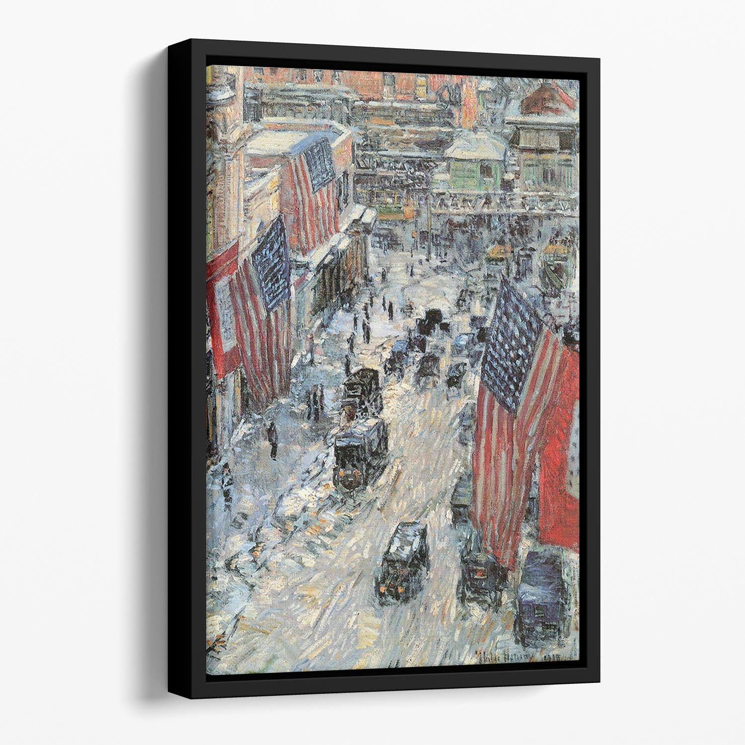 Flags on Fifth Avenue Winter 1918 by Hassam Floating Framed Canvas - Canvas Art Rocks - 1