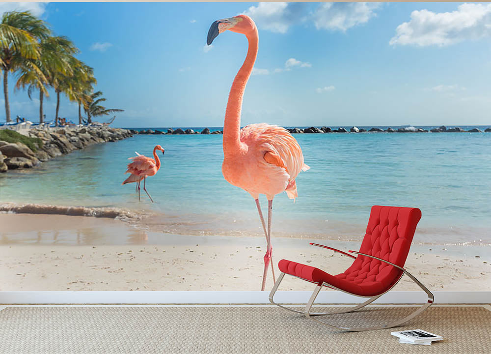 Flamingos on the Aruba beach Wall Mural Wallpaper - Canvas Art Rocks - 2