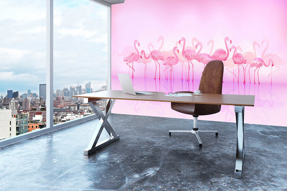 Flock of caribbean flamingos over a lake Wall Mural Wallpaper - Canvas Art Rocks - 3