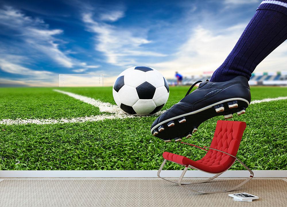 Foot kicking soccer ball Wall Mural Wallpaper - Canvas Art Rocks - 2