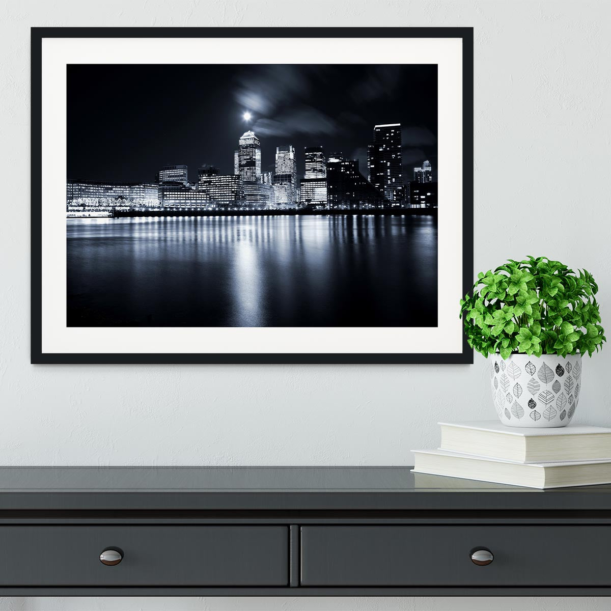 Full moon over London skyscrapers Framed Print - Canvas Art Rocks - 1