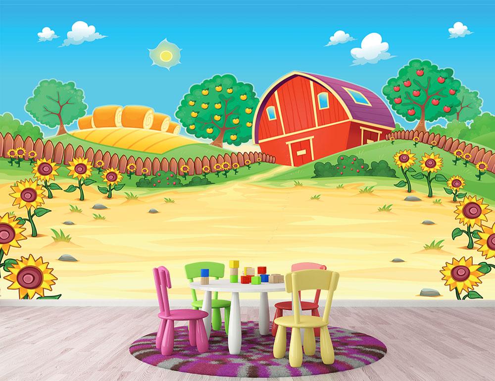 Funny landscape with the farm and sunflowers Wall Mural Wallpaper - Canvas Art Rocks - 2