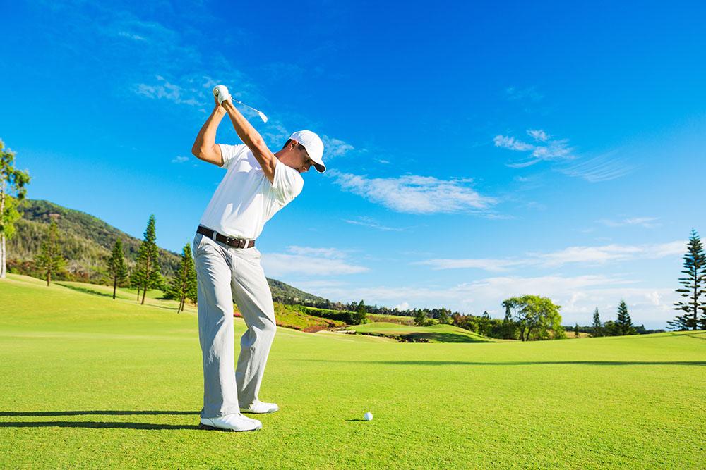 Golfer Hitting Golf Shot Wall Mural Wallpaper - Canvas Art Rocks - 1