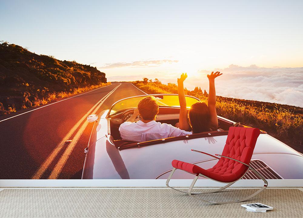 Happy Couple Driving Wall Mural Wallpaper - Canvas Art Rocks - 2