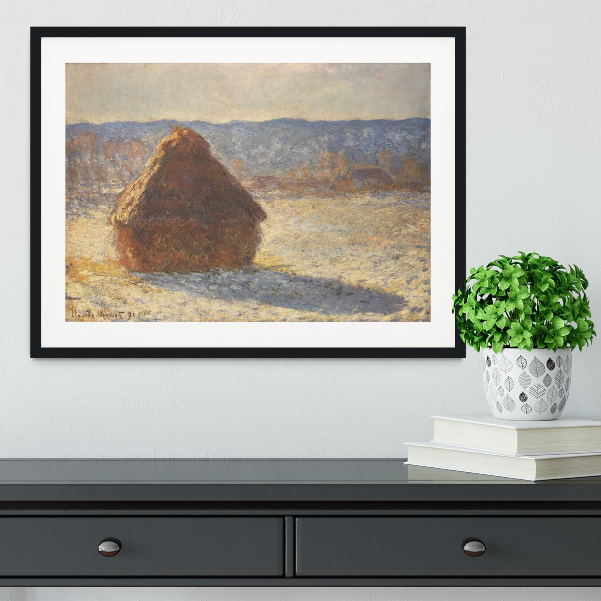 Haystacks snow morning by Monet Framed Print - Canvas Art Rocks - 1