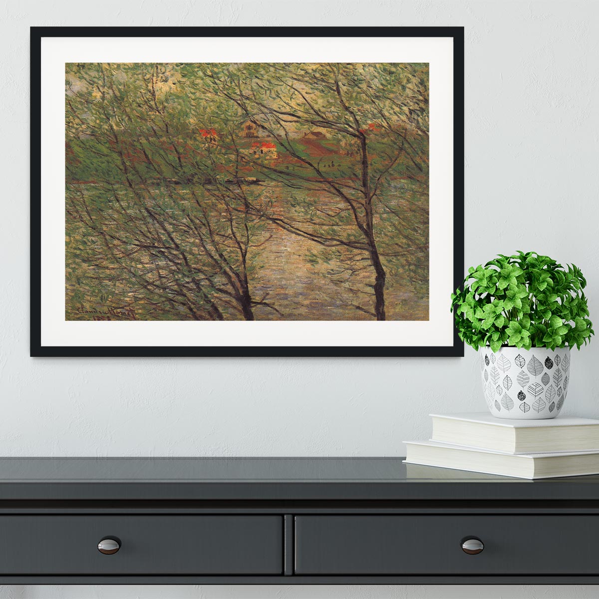 His bank the Ile de la Grande Jatte by Monet Framed Print - Canvas Art Rocks - 1