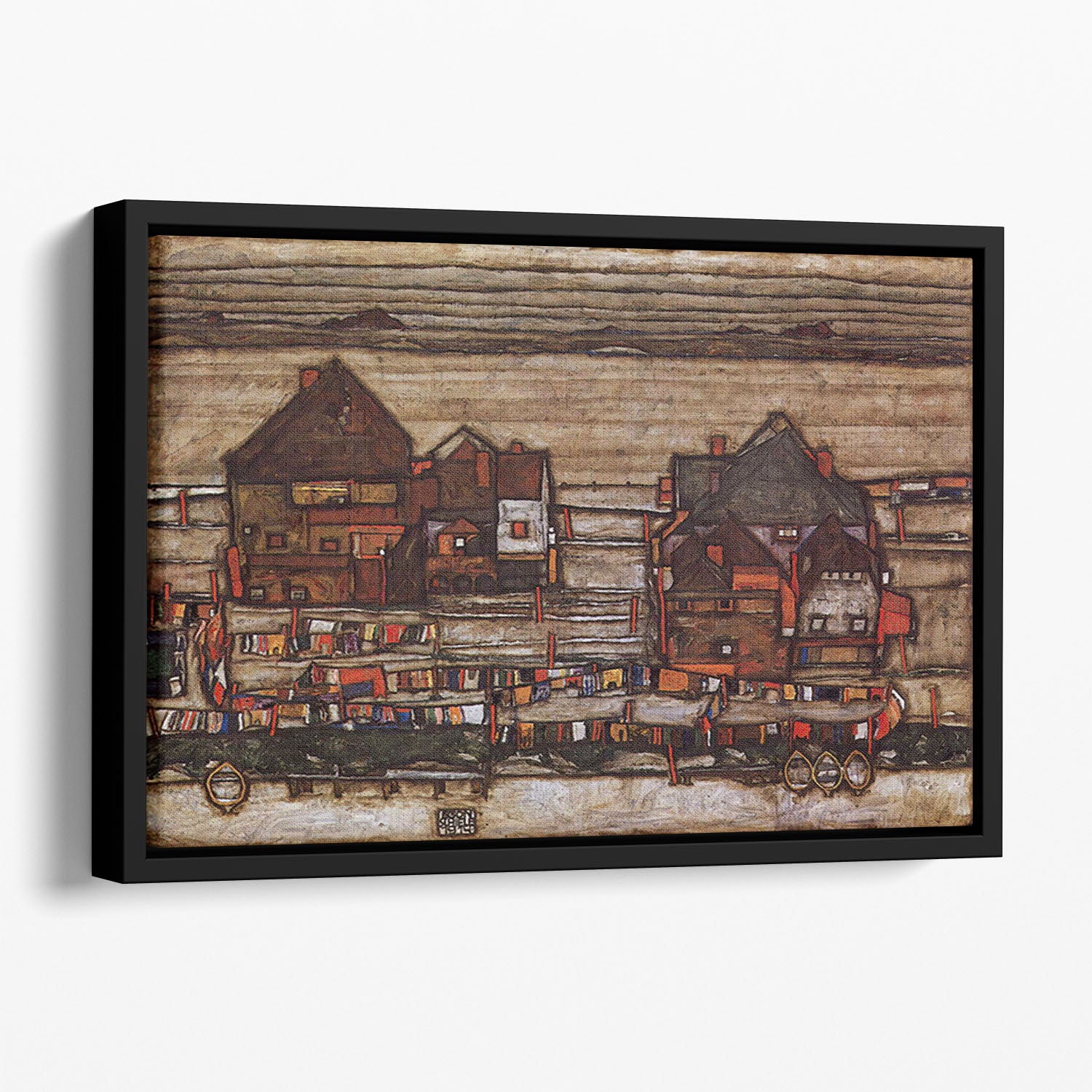 Houses with laundry lines and suburban by Egon Schiele Floating Framed Canvas