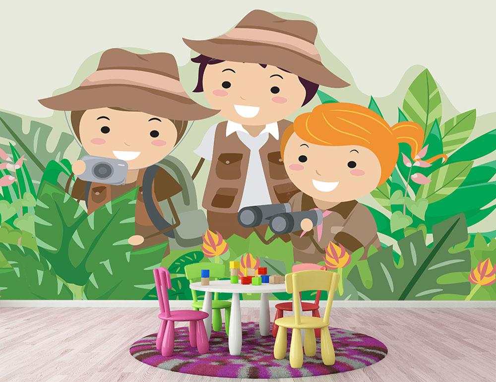 Kids on a Safari Adventure Wall Mural Wallpaper - Canvas Art Rocks - 2
