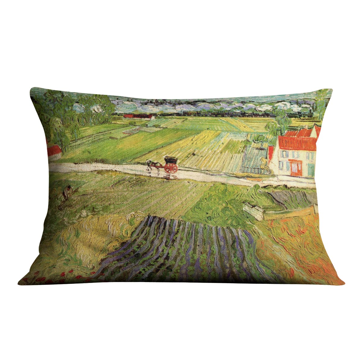 Landscape with Carriage and Train in the Background by Van Gogh Cushion