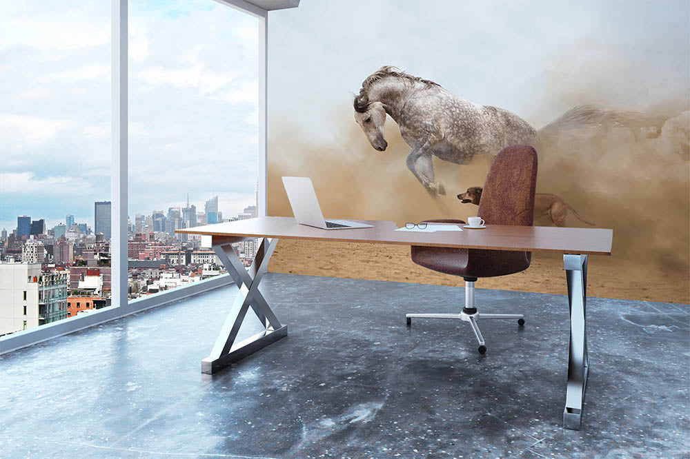 Lusitanian horse is playing with the Rhodesian Ridgeback dog Wall Mural Wallpaper - Canvas Art Rocks - 3