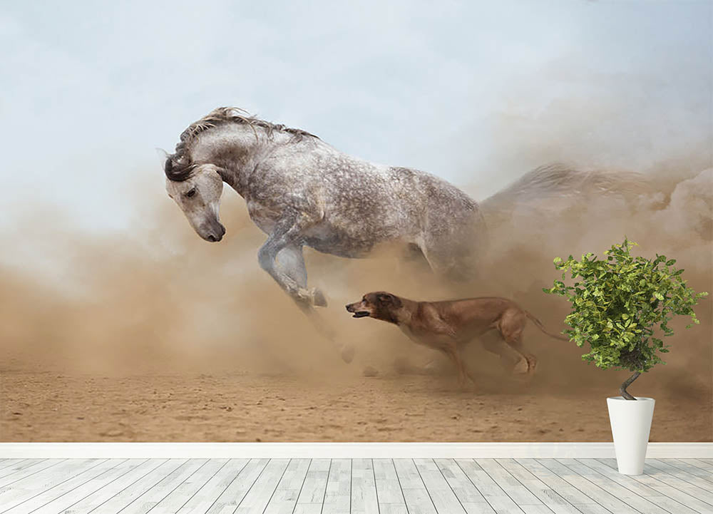 Lusitanian horse is playing with the Rhodesian Ridgeback dog Wall Mural Wallpaper - Canvas Art Rocks - 4