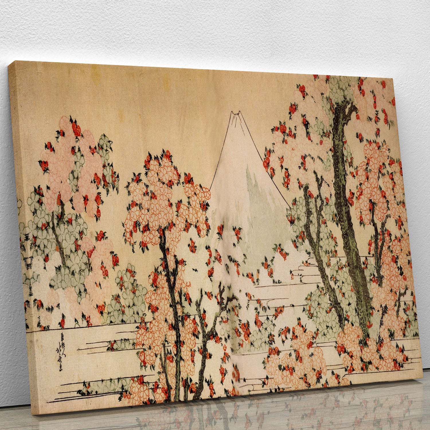 Mount Fuji behind cherry trees and flowers by Hokusai Canvas Print or Poster - Canvas Art Rocks - 1
