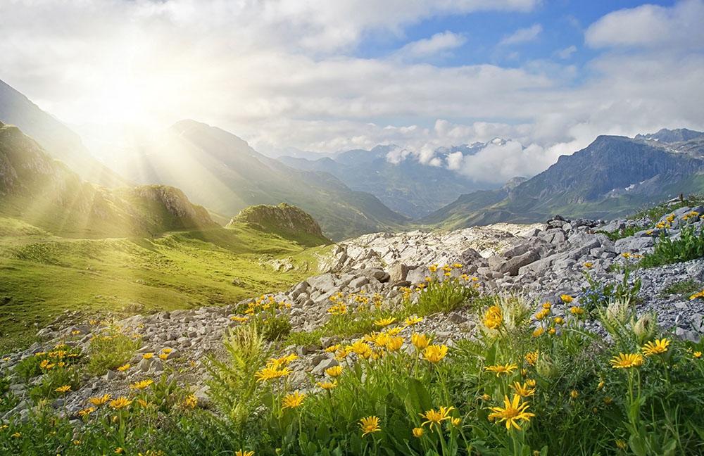Mountains landscape in Vorarlberg Wall Mural Wallpaper - Canvas Art Rocks - 1