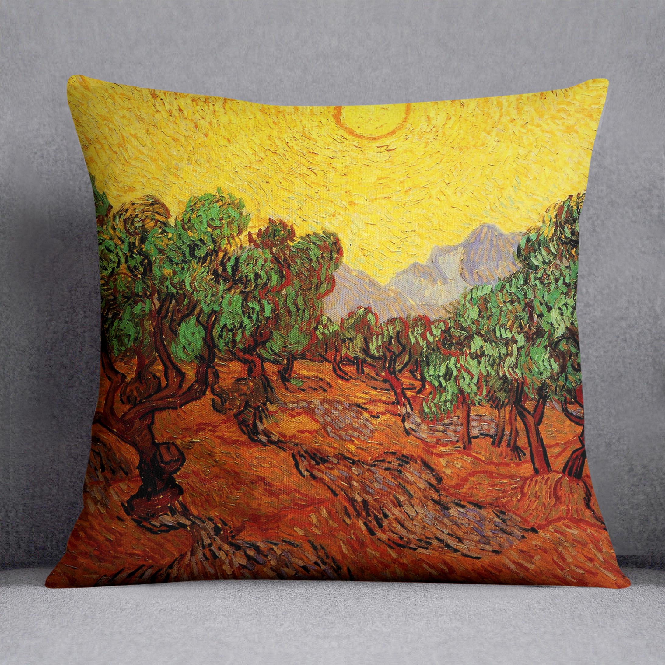 Olive Trees with Yellow Sky and Sun by Van Gogh Cushion