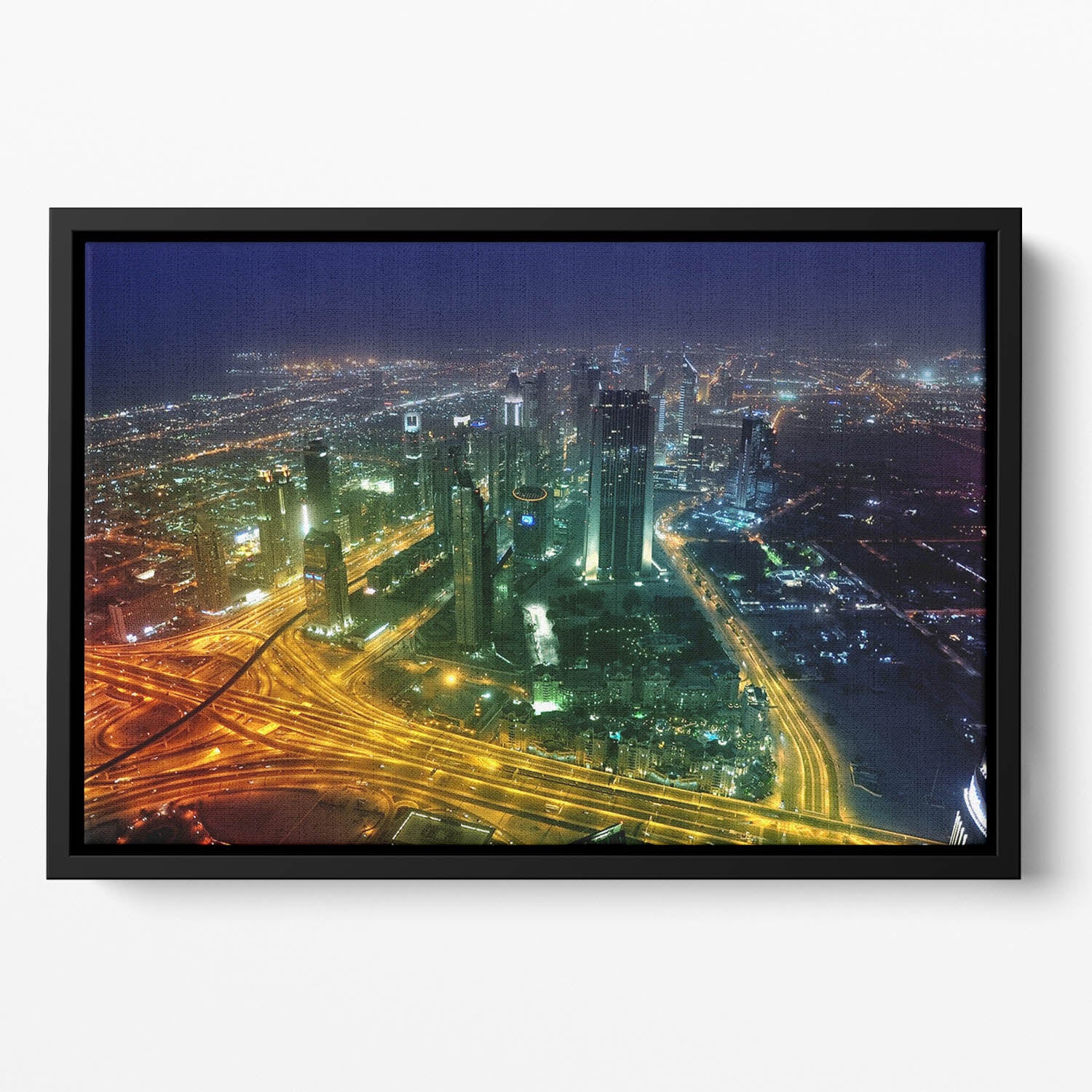 Panorama Dubai city at night Floating Framed Canvas