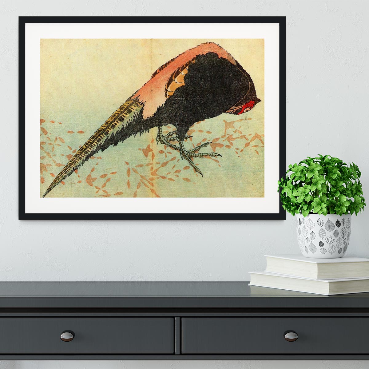 Pheasant on the snow by Hokusai Framed Print - Canvas Art Rocks - 1