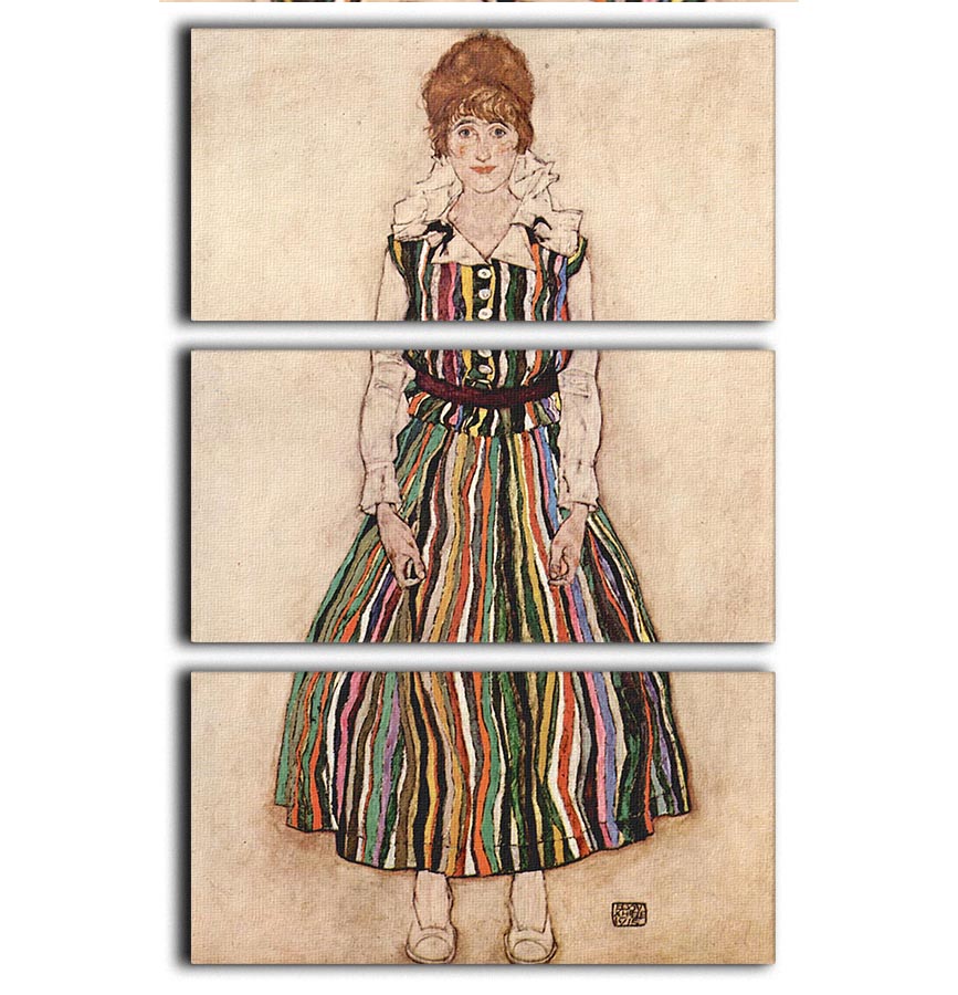 Portrait of Edith Egon Schiele in a striped dress by Egon Schiele 3 Split Panel Canvas Print - Canvas Art Rocks - 1