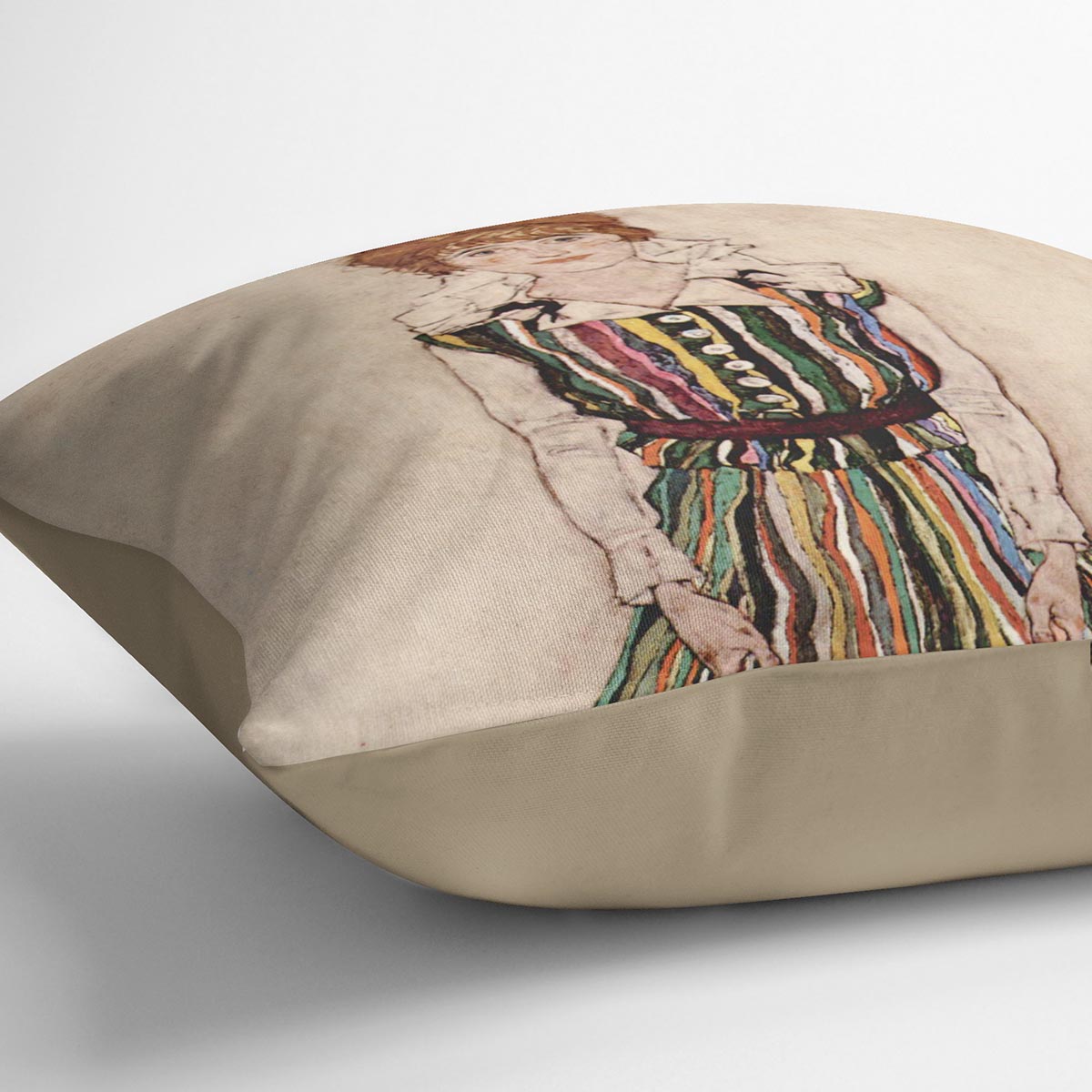 Portrait of Edith Egon Schiele in a striped dress by Egon Schiele Cushion