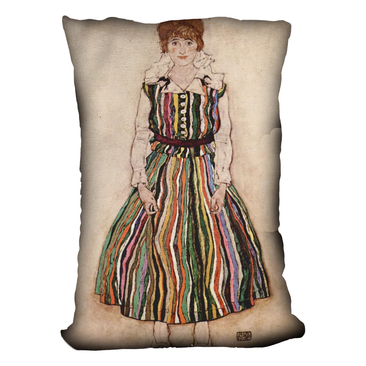 Portrait of Edith Egon Schiele in a striped dress by Egon Schiele Cushion