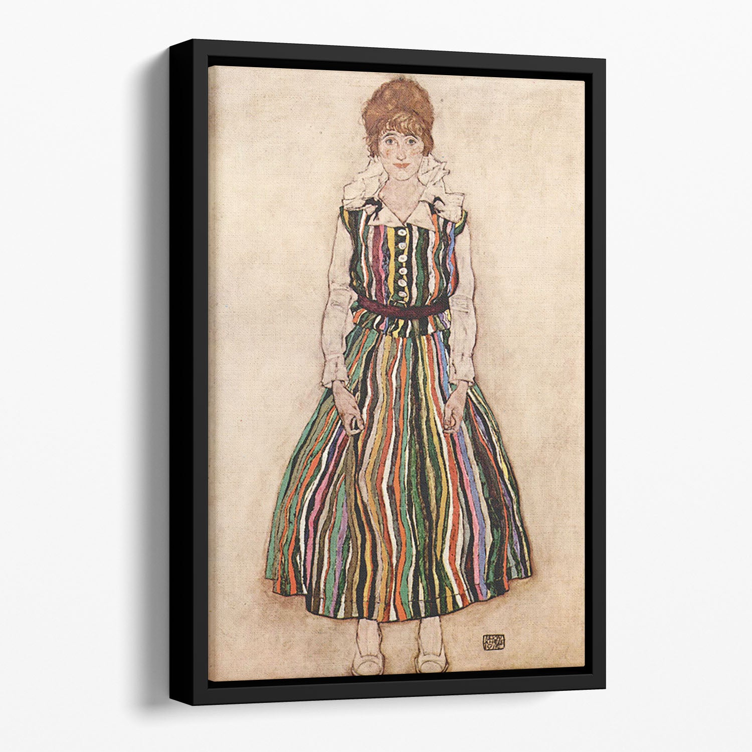 Portrait of Edith Egon Schiele in a striped dress by Egon Schiele Floating Framed Canvas