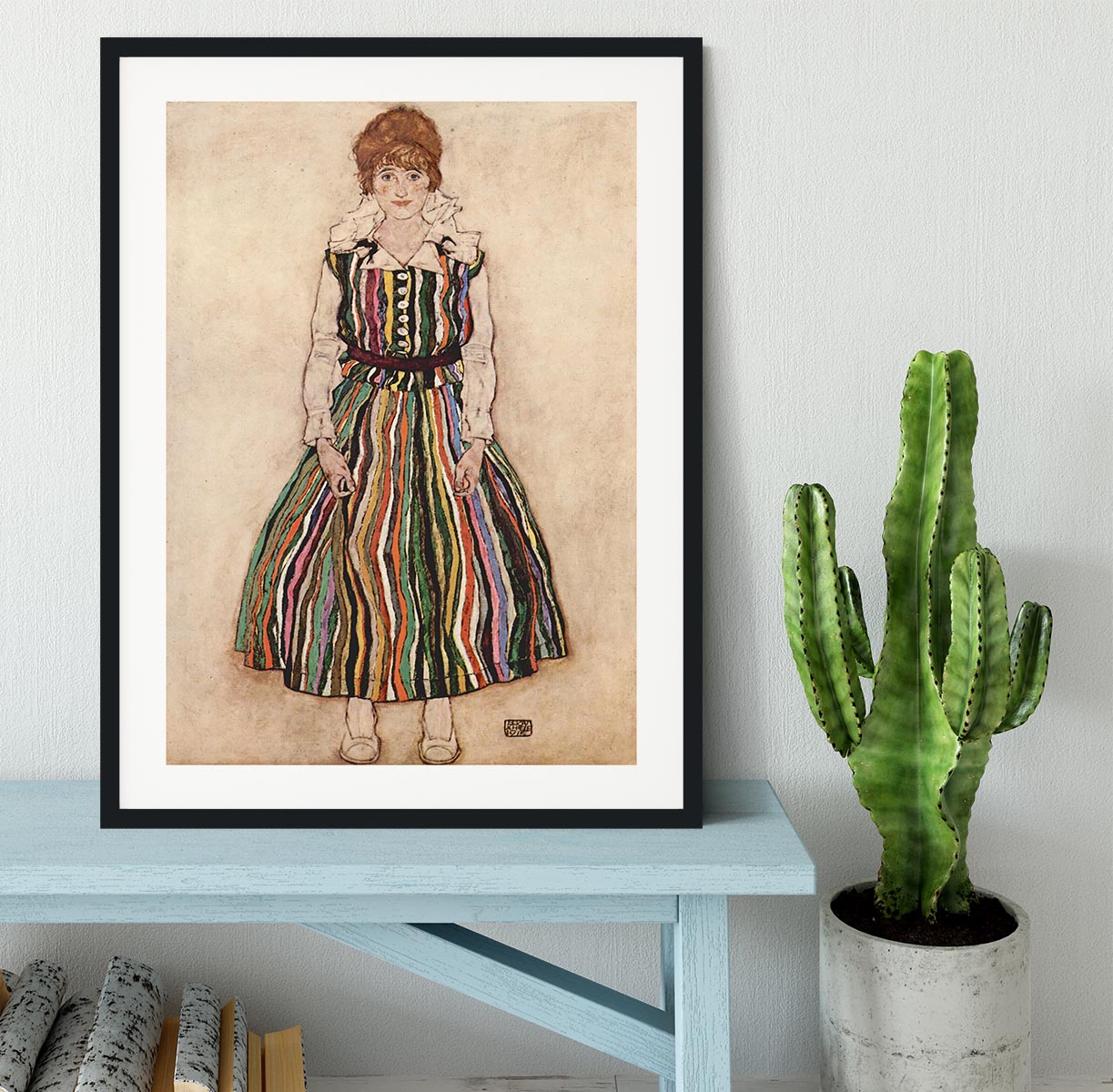 Portrait of Edith Egon Schiele in a striped dress by Egon Schiele Framed Print - Canvas Art Rocks - 1