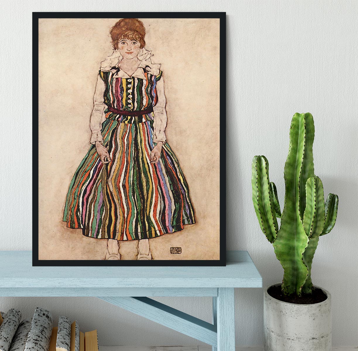 Portrait of Edith Egon Schiele in a striped dress by Egon Schiele Framed Print - Canvas Art Rocks - 2