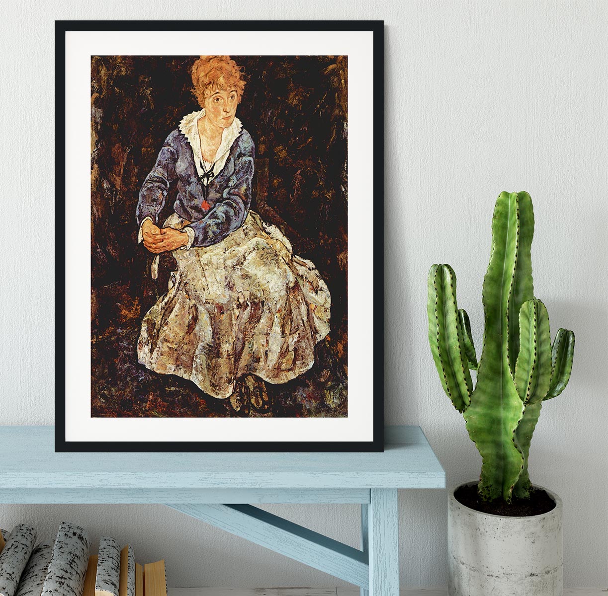 Portrait of Edith Egon Schiele sitting by Egon Schiele Framed Print - Canvas Art Rocks - 1