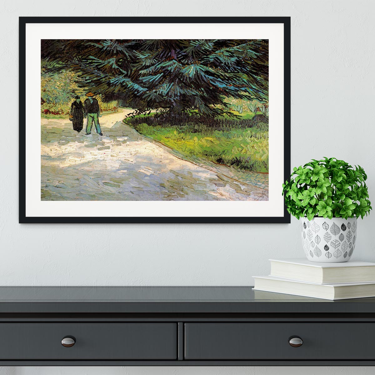 Public Garden with Couple and Blue Fir Tree The Poet s Garden III by Van Gogh Framed Print - Canvas Art Rocks - 1