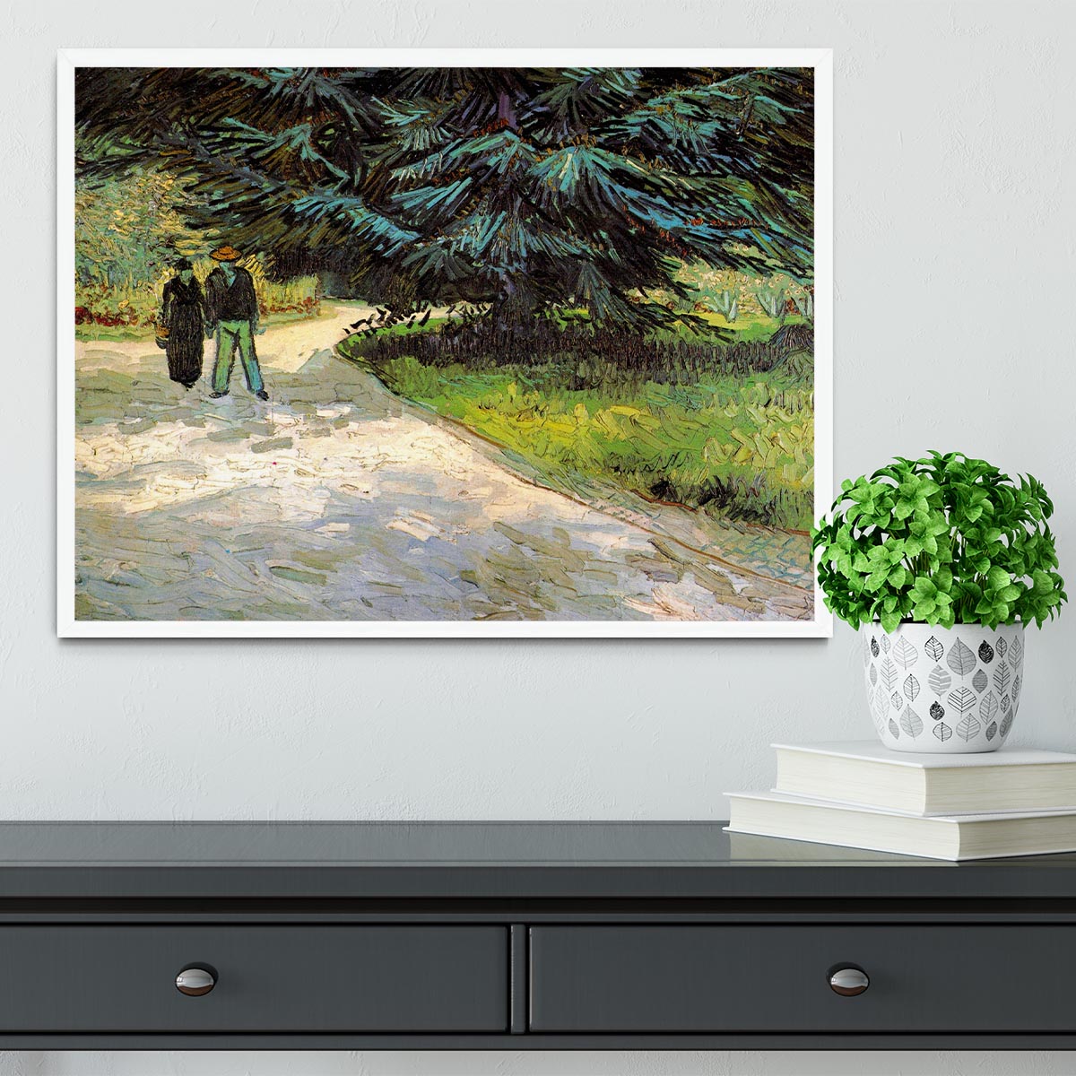 Public Garden with Couple and Blue Fir Tree The Poet s Garden III by Van Gogh Framed Print - Canvas Art Rocks -6