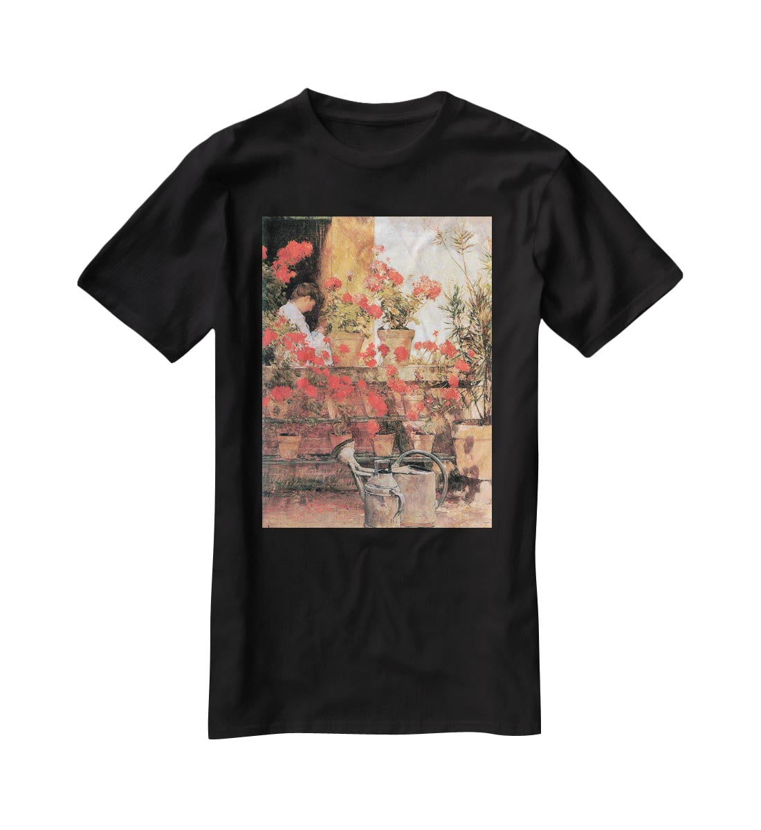 Red Geraniums by Hassam T-Shirt - Canvas Art Rocks - 1
