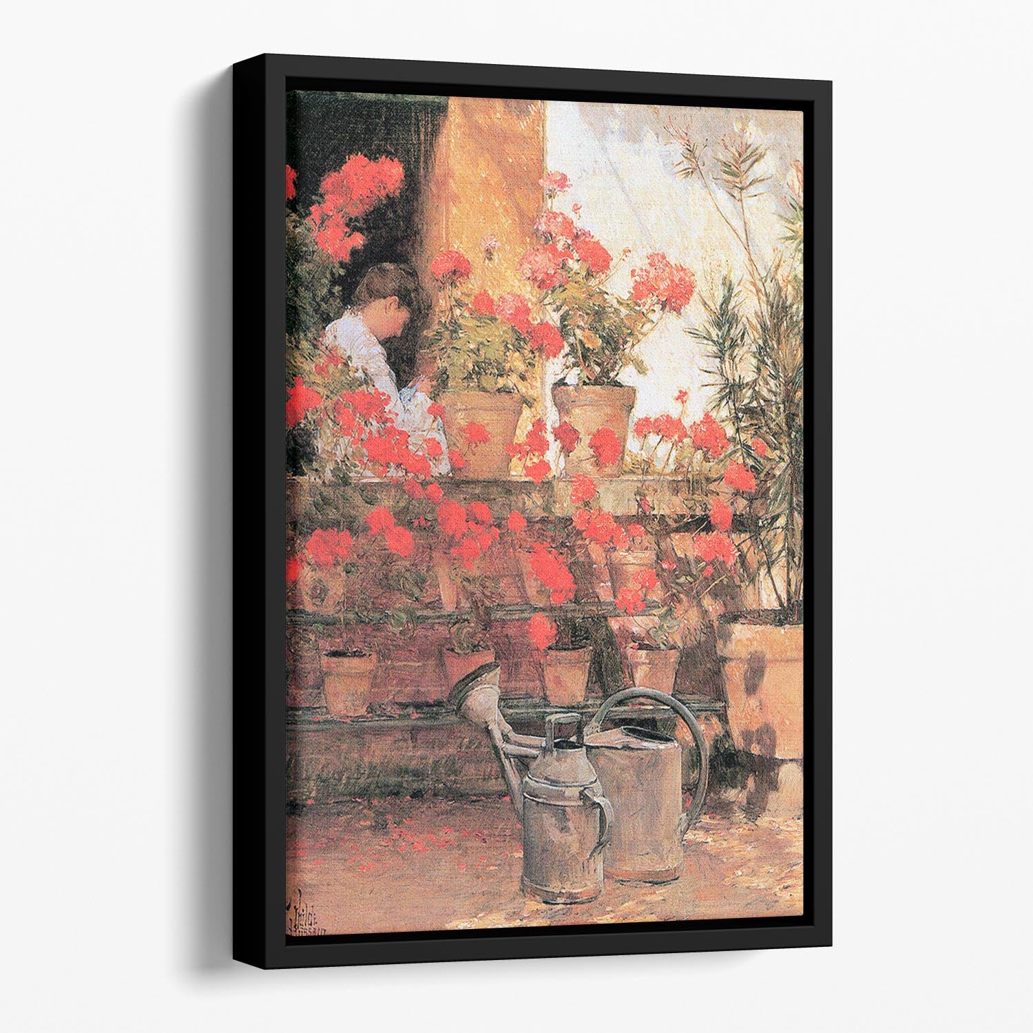 Red Geraniums by Hassam Floating Framed Canvas - Canvas Art Rocks - 1