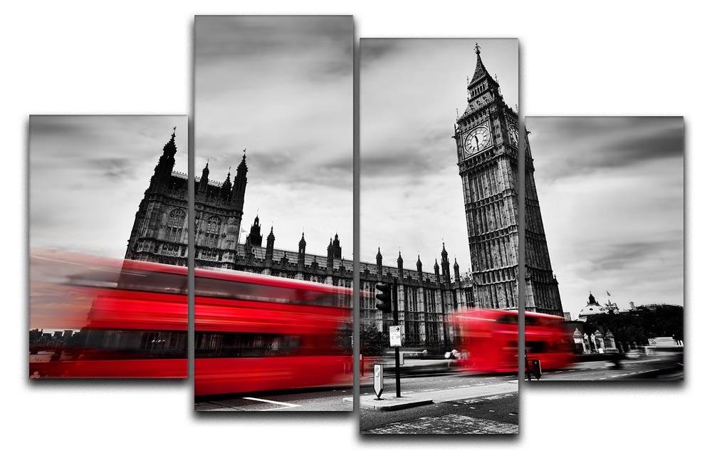 Red buses in motion and Big Ben 4 Split Panel Canvas - Canvas Art Rocks - 1