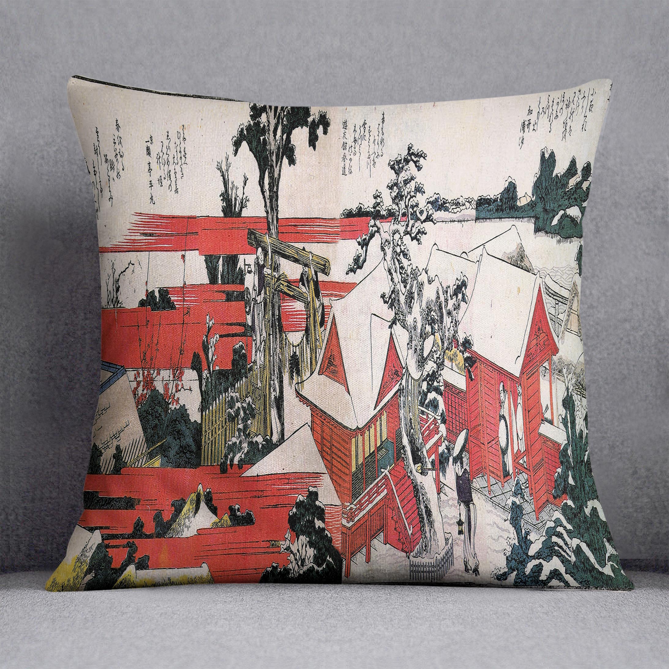 Red houses by Hokusai Cushion