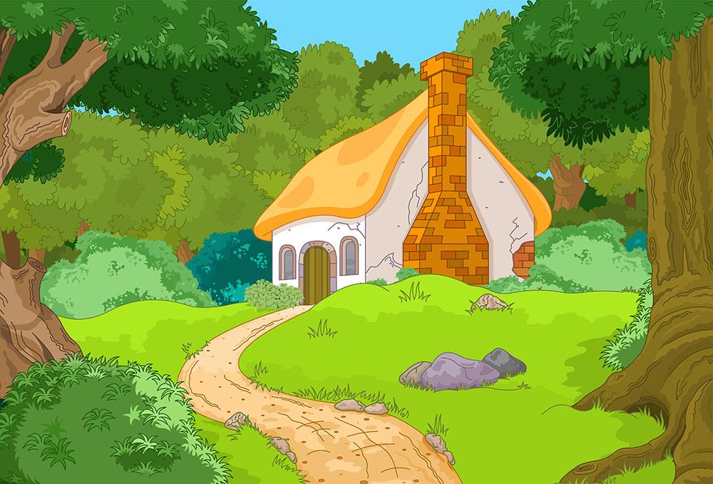 Rural Cartoon Forest Cabin Landscape Wall Mural Wallpaper - Canvas Art Rocks - 1