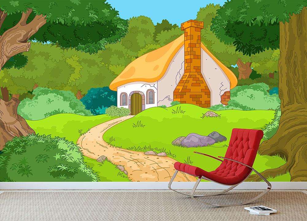 Rural Cartoon Forest Cabin Landscape Wall Mural Wallpaper - Canvas Art Rocks - 3