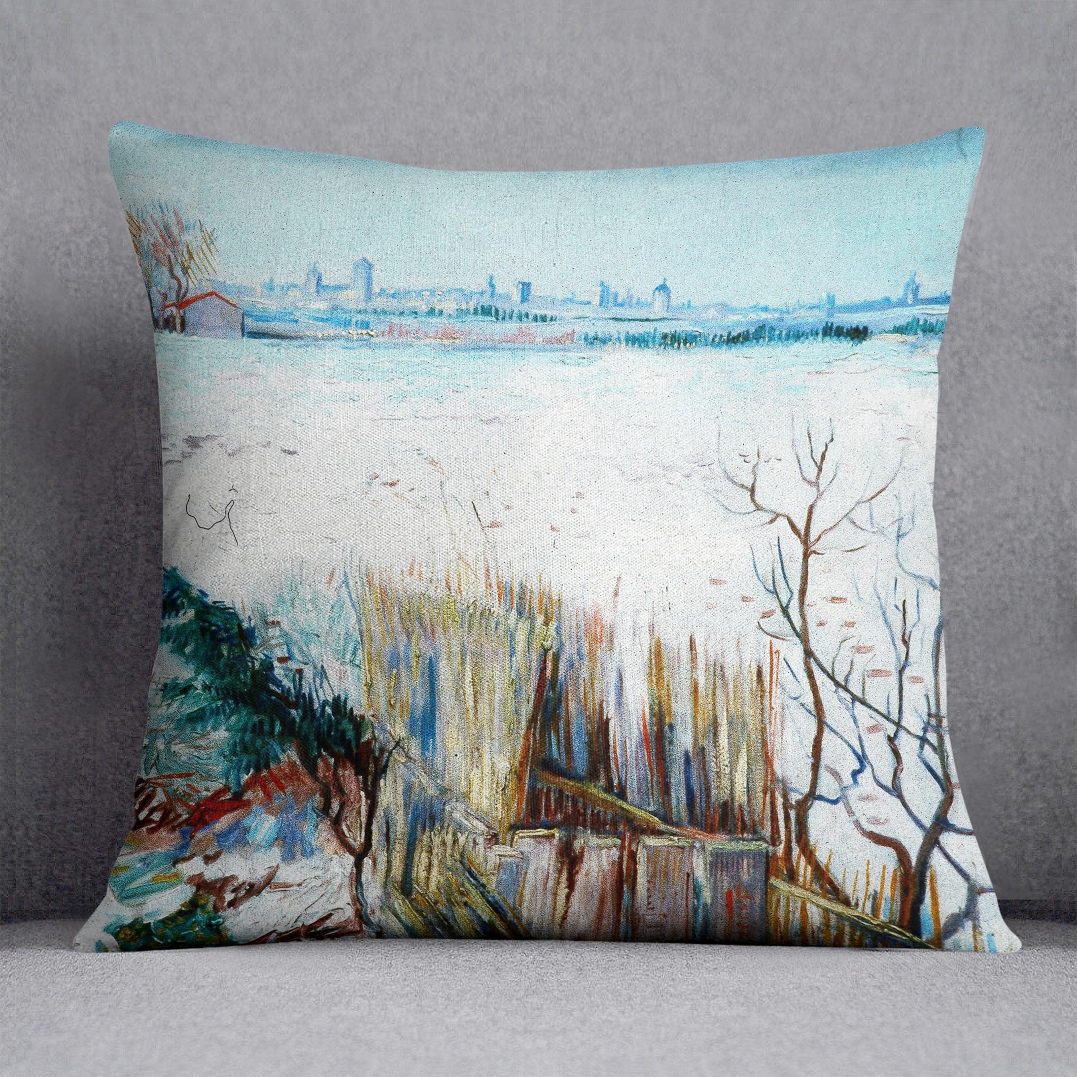 Snowy Landscape with Arles in the Background by Van Gogh Cushion