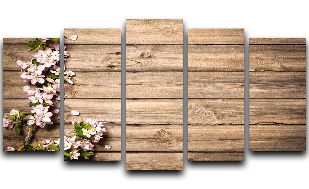 Spring flowering branch on wooden background 5 Split Panel Canvas - Canvas Art Rocks - 1