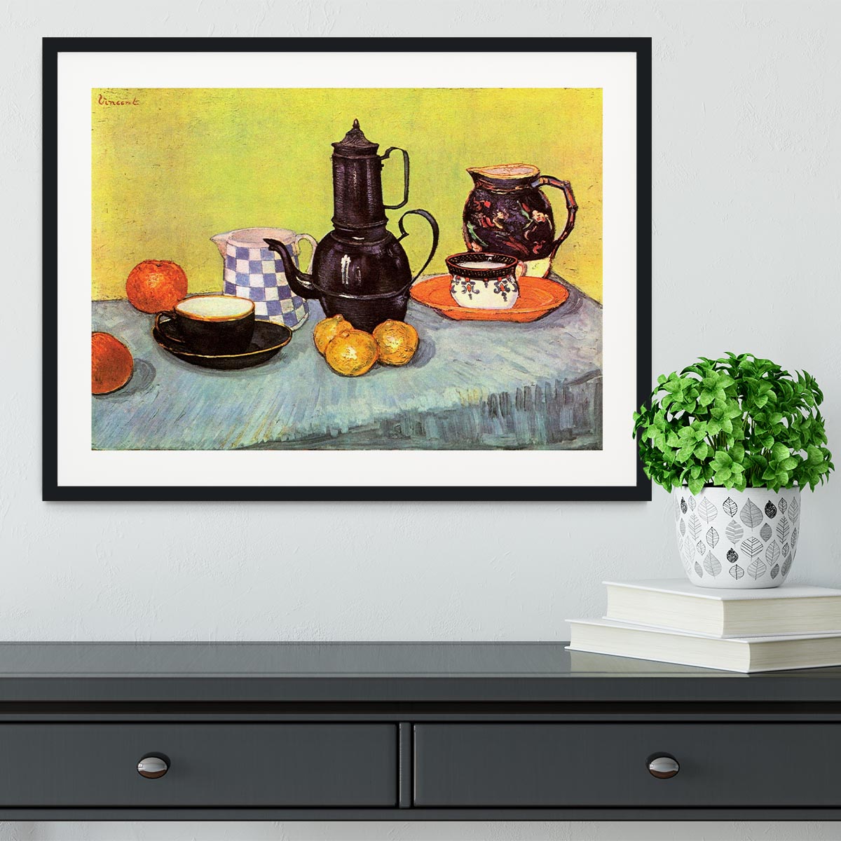 Still Life Blue Enamel Coffeepot Earthenware and Fruit by Van Gogh Framed Print - Canvas Art Rocks - 1