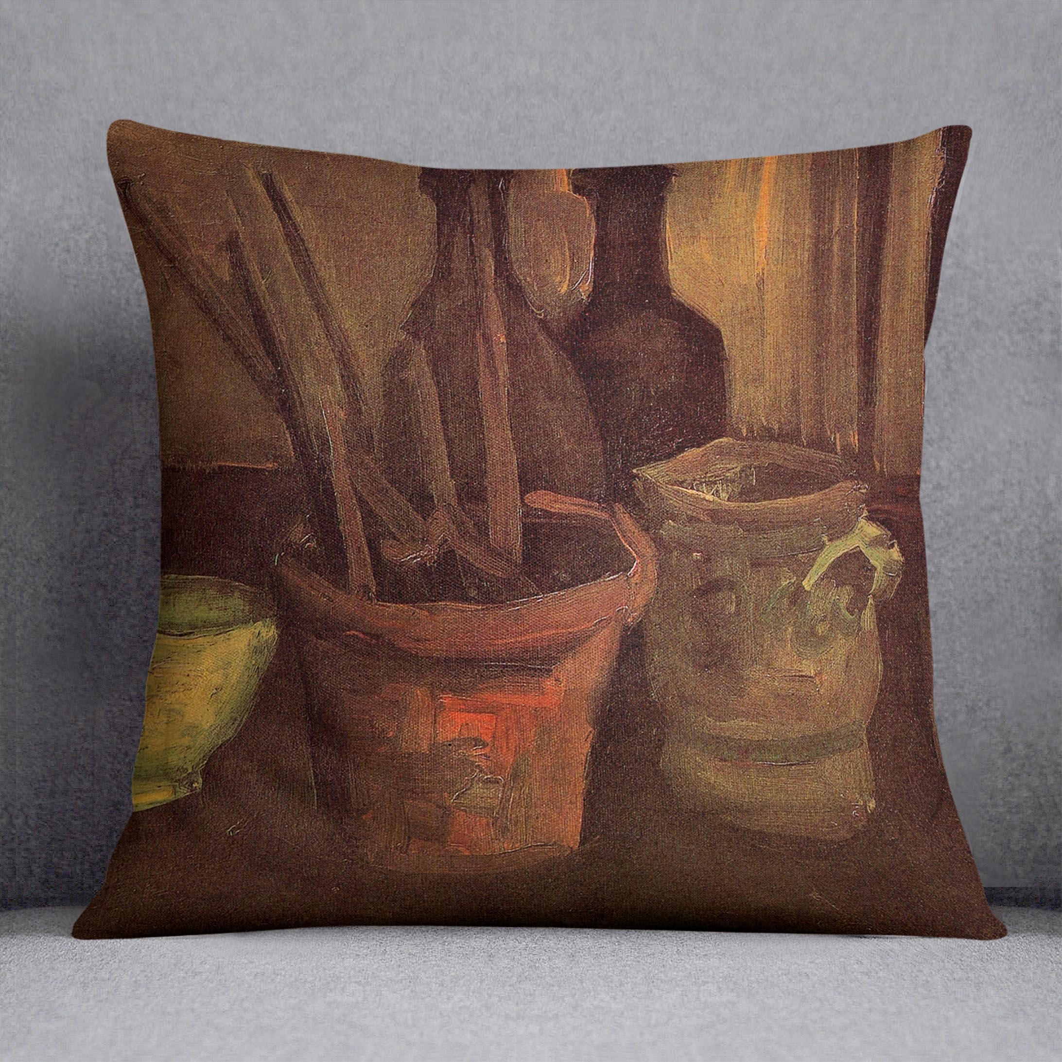 Still Life with Paintbrushes in a Pot by Van Gogh Cushion