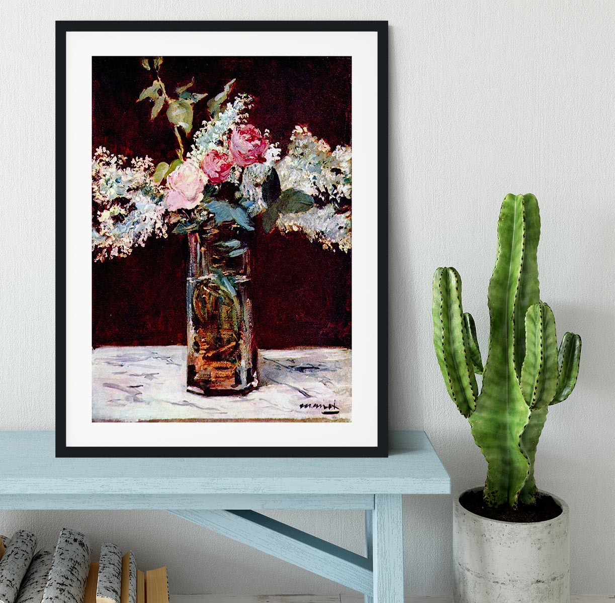 Still life lilac and roses by Manet Framed Print - Canvas Art Rocks - 1