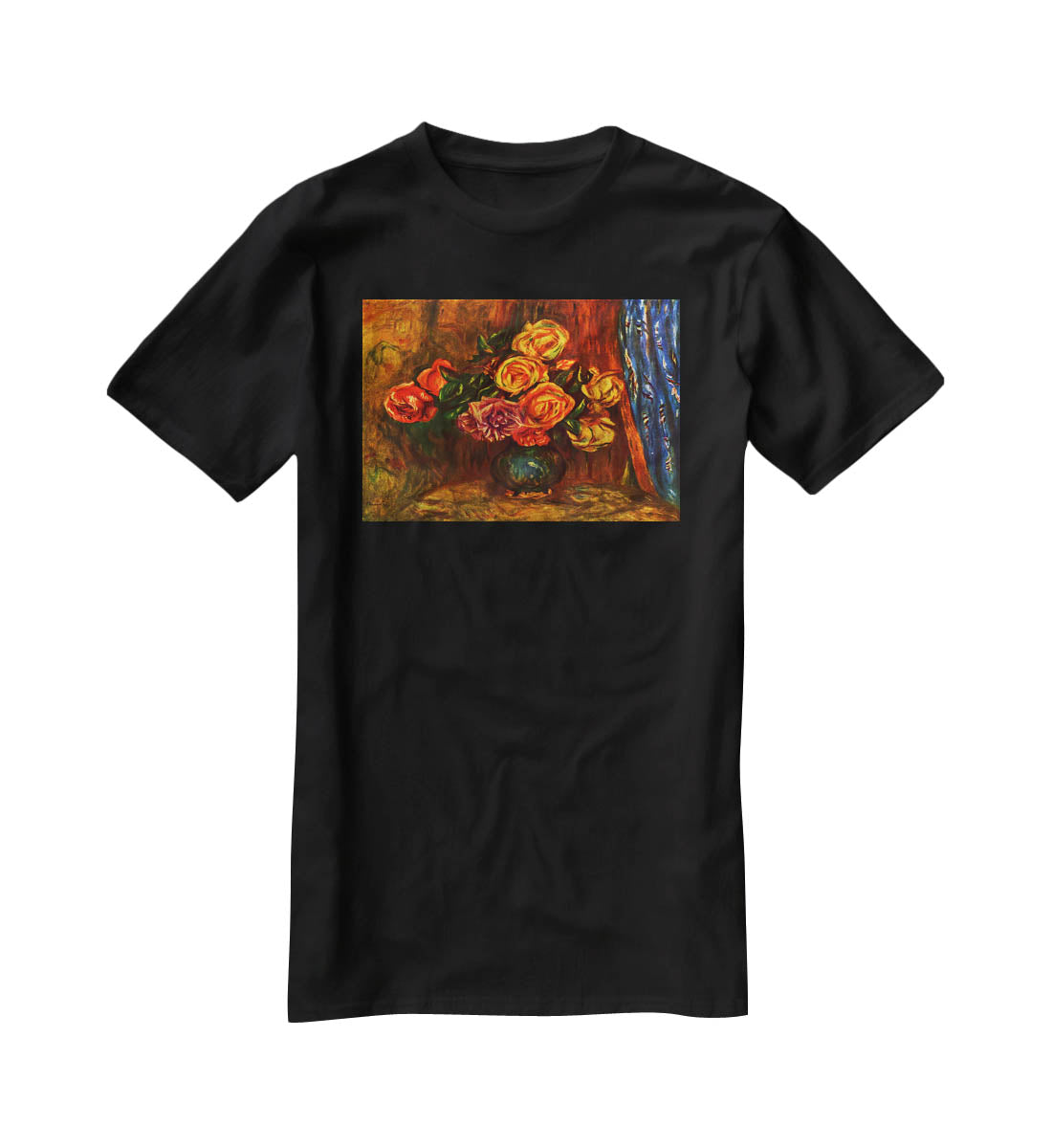 Still life roses before a blue curtain by Renoir T-Shirt - Canvas Art Rocks - 1
